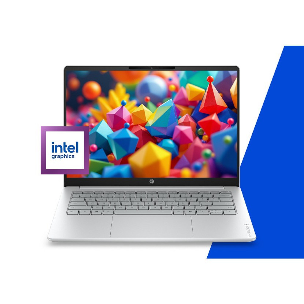 Srebrny laptop z kolorową, abstrakcyjną tapetą i logo Intel Graphics.