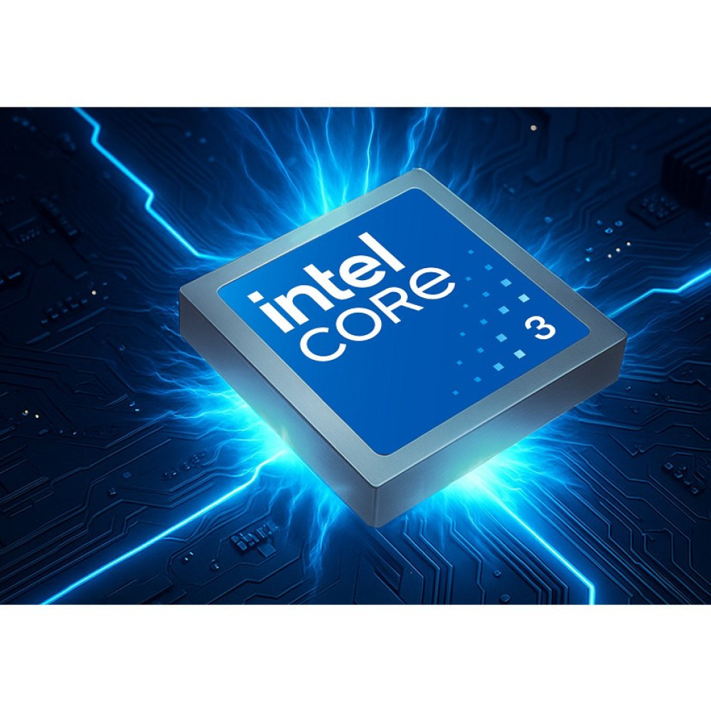 Procesor Intel Core 3 na świecącej na niebiesko płytce drukowanej.