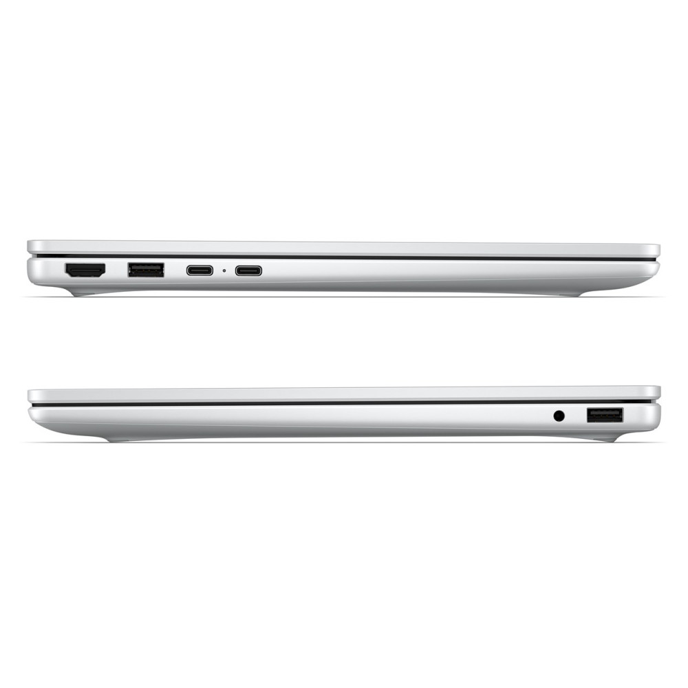 Boczne profile srebrnego laptopa z różnymi portami, takimi jak USB, HDMI i USB-C.