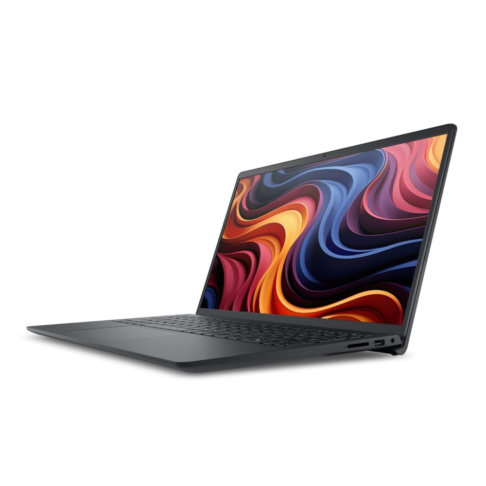 Czarny laptop z kolorową abstrakcyjną tapetą na ekranie spoczywa na białej powierzchni.