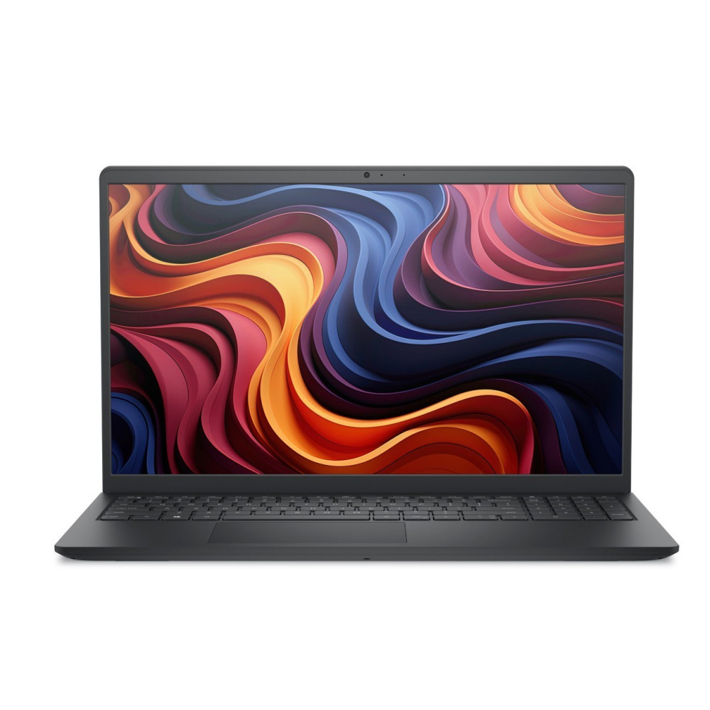 Czarny laptop na białym tle z kolorowym, abstrakcyjnym wzorem fal na ekranie.