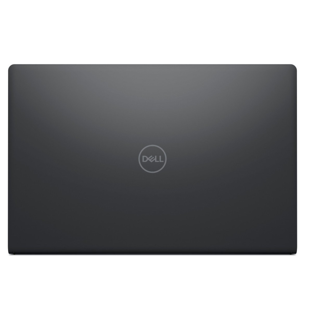 Zamknięty ciemnoszary laptop z logo Dell na środku z przodu na białym tle.