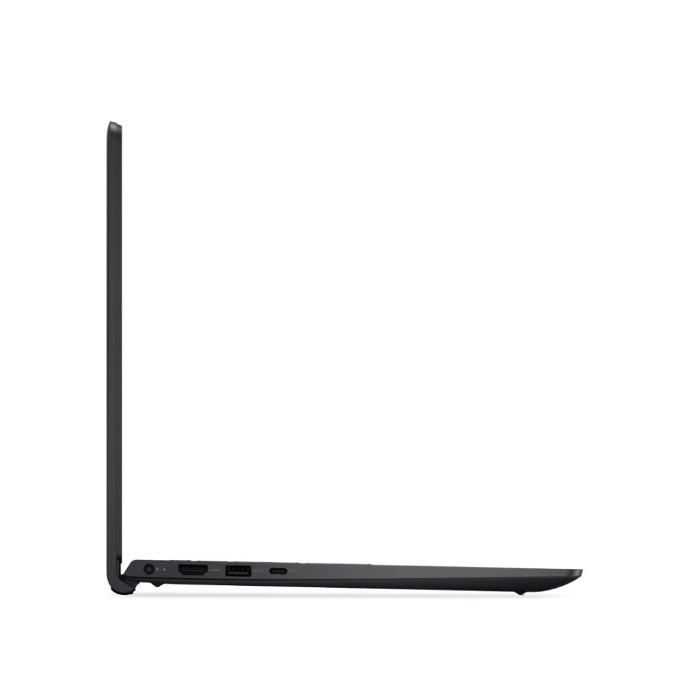 Widok z boku zamkniętego czarnego laptopa z widocznymi portami połączeniowymi.
