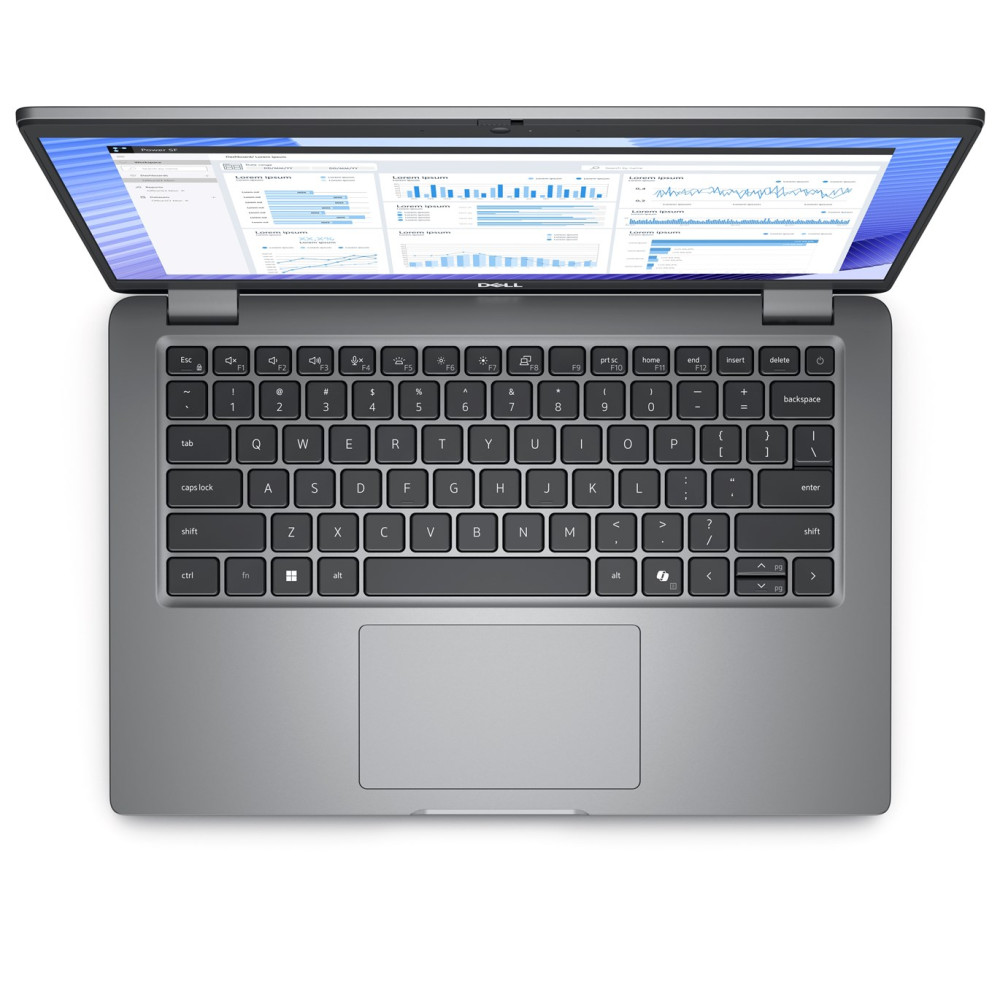 Widok z góry na szary laptop Dell z otwartą klawiaturą i ekranem przedstawiającym pulpit nawigacyjny.