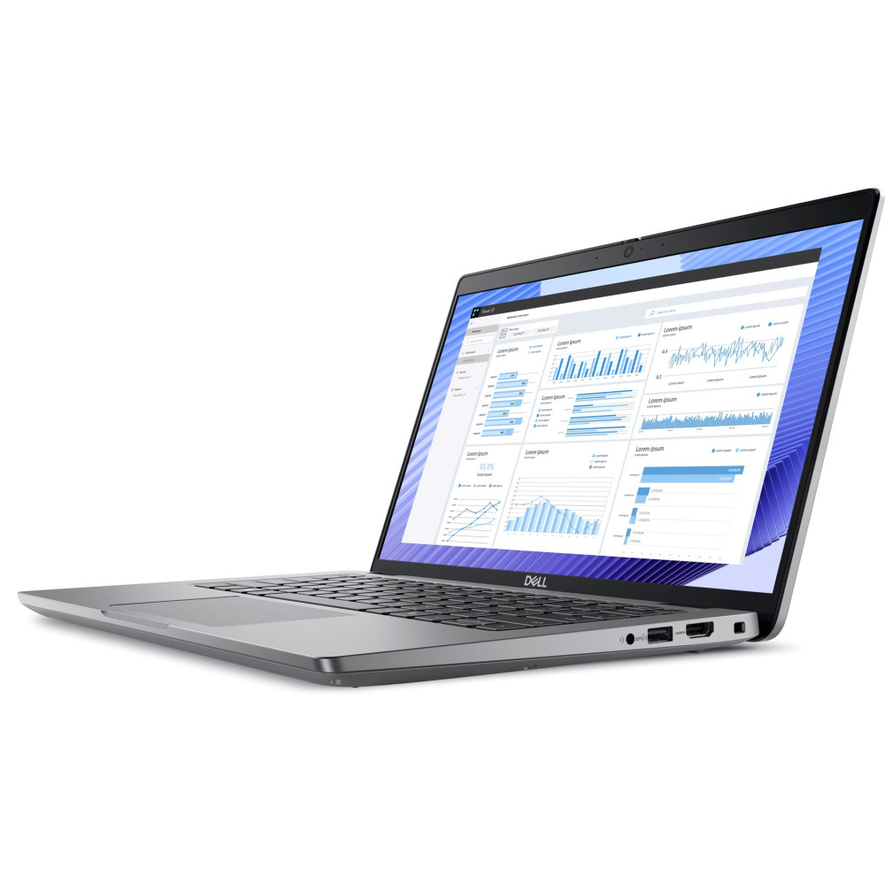 Srebrny laptop Dell ustawiony pod kątem na białej powierzchni, z wykresami na ekranie.