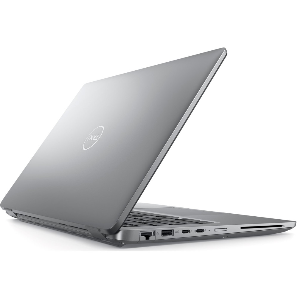 Srebrny laptop Dell w widoku półotwartym z widocznymi portami z boku.