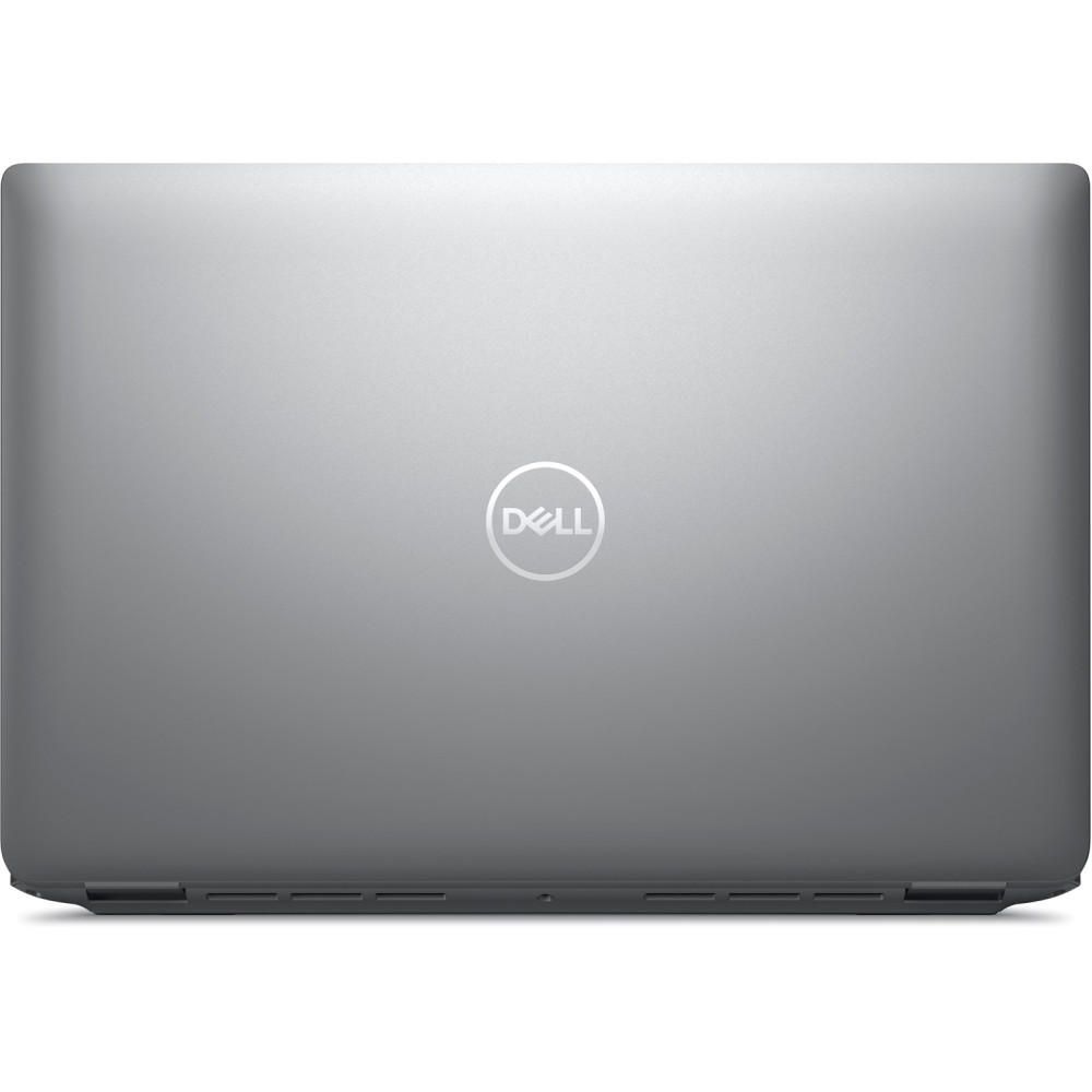 Zamknięty srebrny laptop Dell widziany od góry, z wyśrodkowanym logo Dell na neutralnym tle.