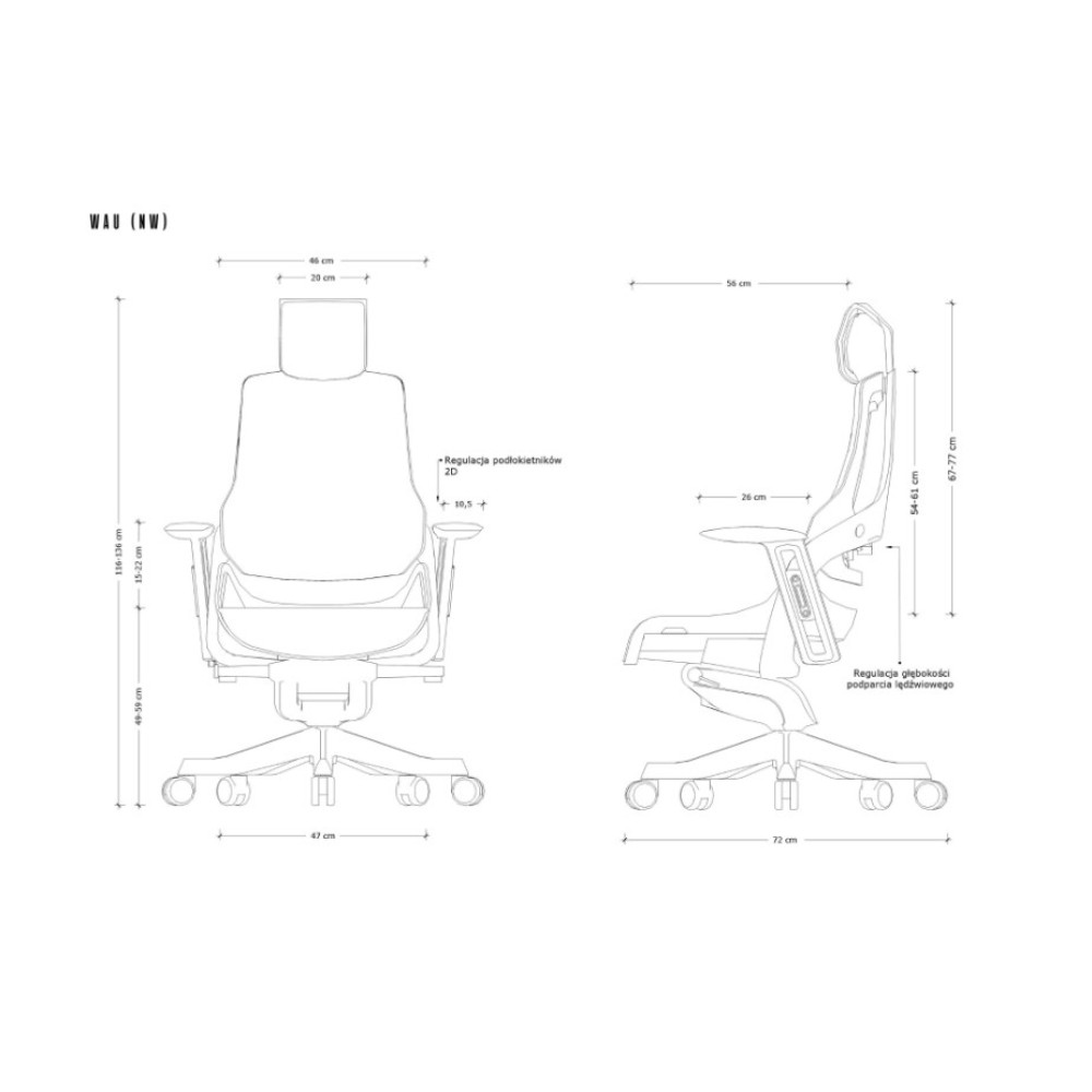 Rysunek techniczny ergonomicznego krzesła biurowego z wymiarami w cm.