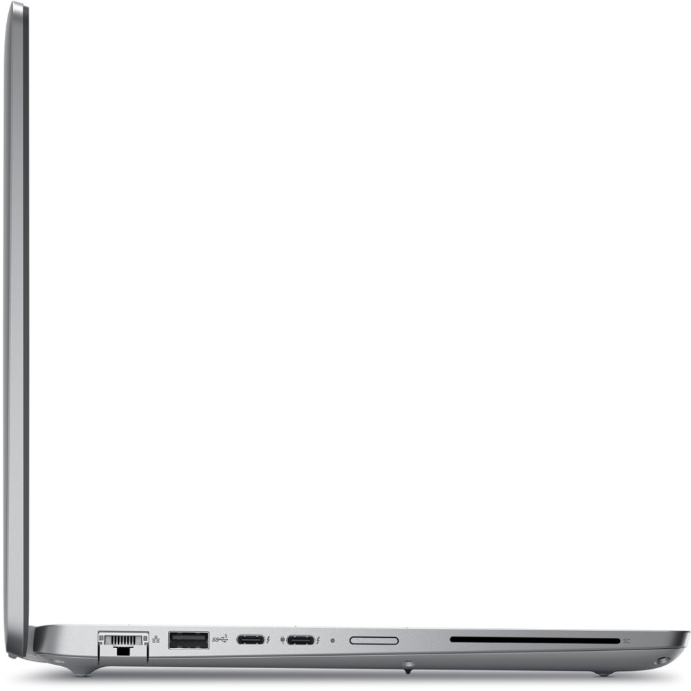 Widok z boku srebrnego laptopa z portami Ethernet, USB i USB-C na białym tle.
