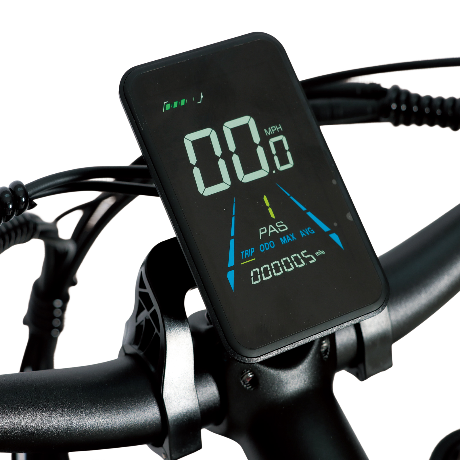 Cyfrowy wyświetlacz roweru elektrycznego na kierownicy pokazujący 00 MPH i ODO 00005,5 mili.