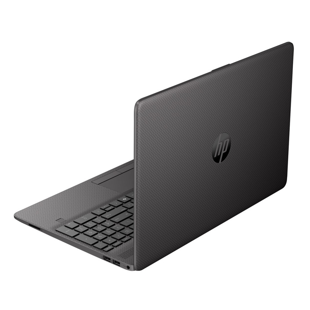 Czarny laptop HP pokazany z tylnej perspektywy, z teksturowaną klapą i widoczną klawiaturą.