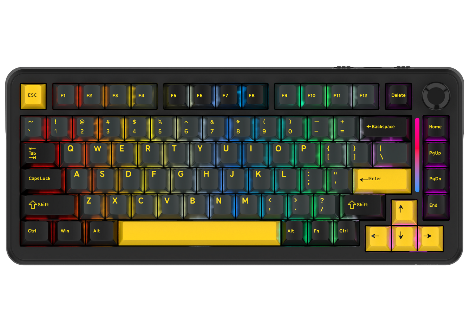 Czarna klawiatura mechaniczna z żywym podświetleniem RGB i żółtymi klawiszami akcentującymi na białym tle.
