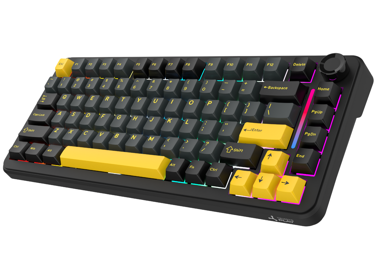 Czarna klawiatura mechaniczna z żółtymi klawiszami akcentowymi i oświetleniem RGB.