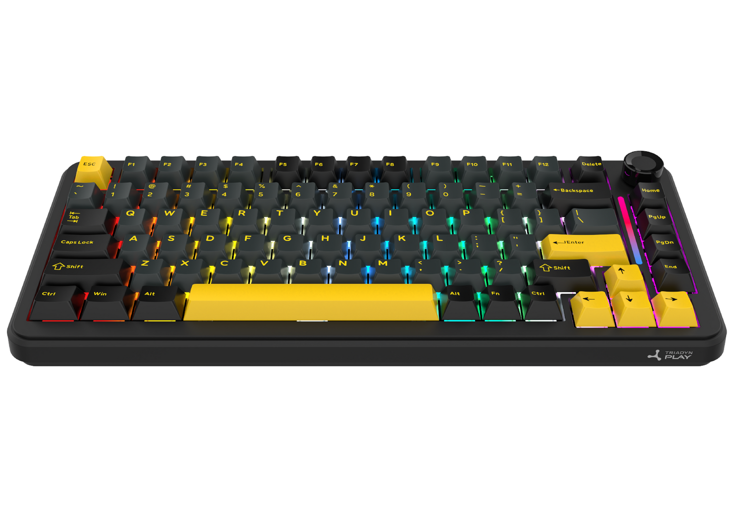 Czarna klawiatura mechaniczna z żółtymi klawiszami i kolorowym podświetleniem RGB na białym tle.