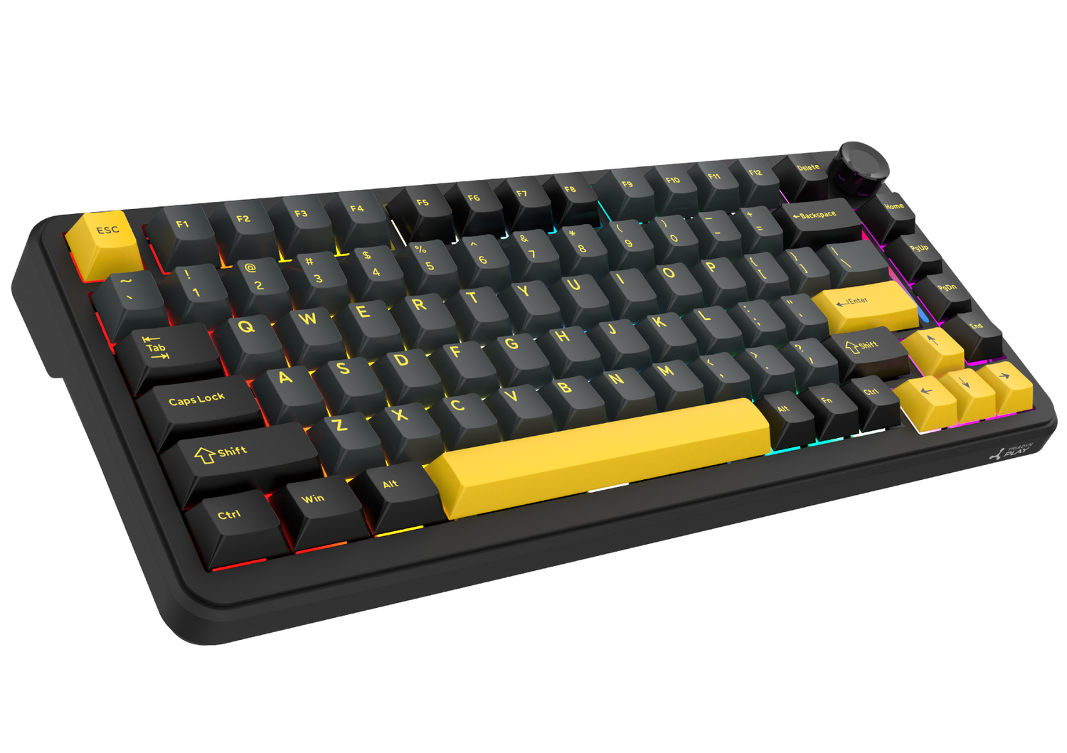 Czarna klawiatura mechaniczna z żółtymi klawiszami i podświetleniem RGB.