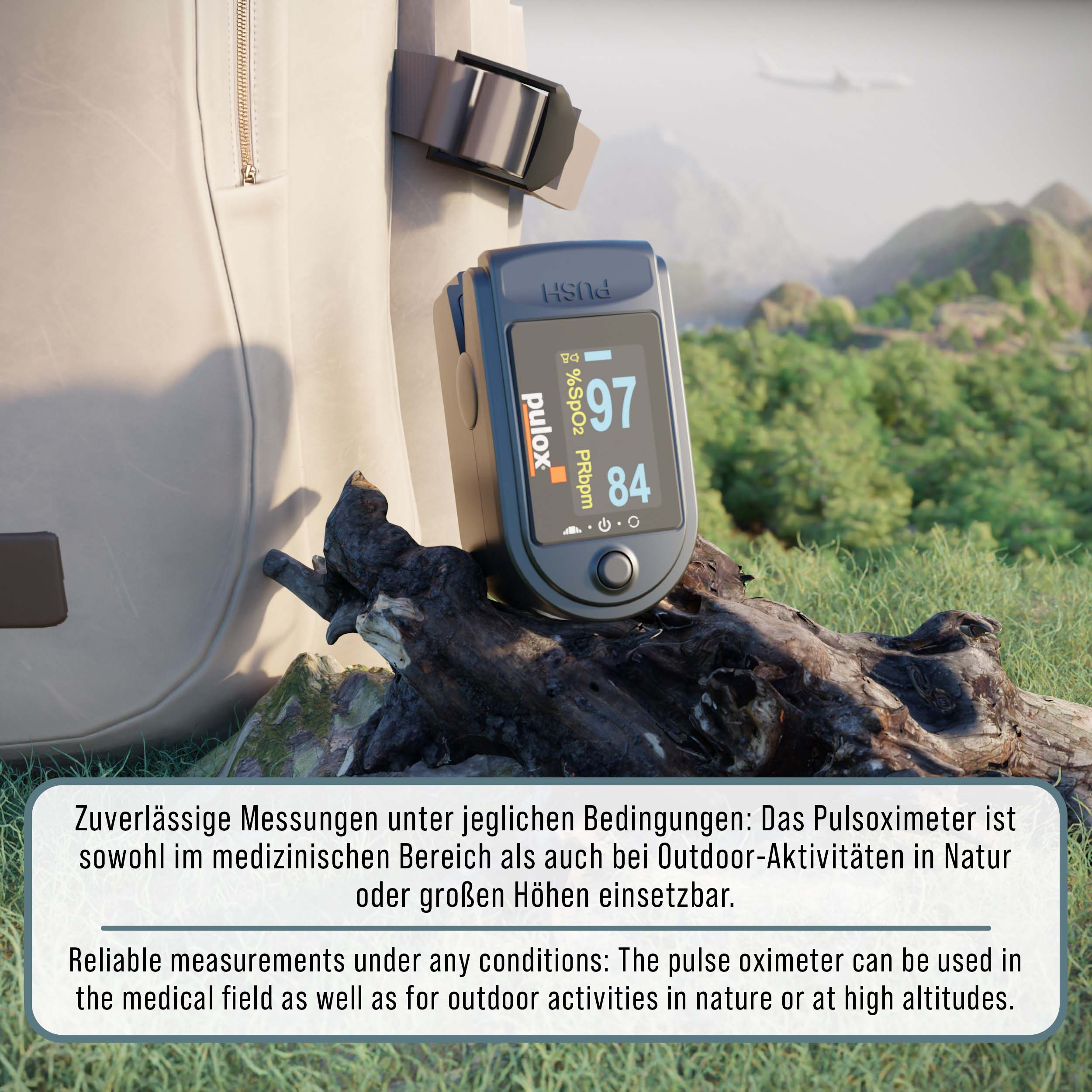 Ein Pulox-Pulsoximeter liegt vor einem Rucksack auf einem Ast, im Hintergrund grüne Berge und Text.