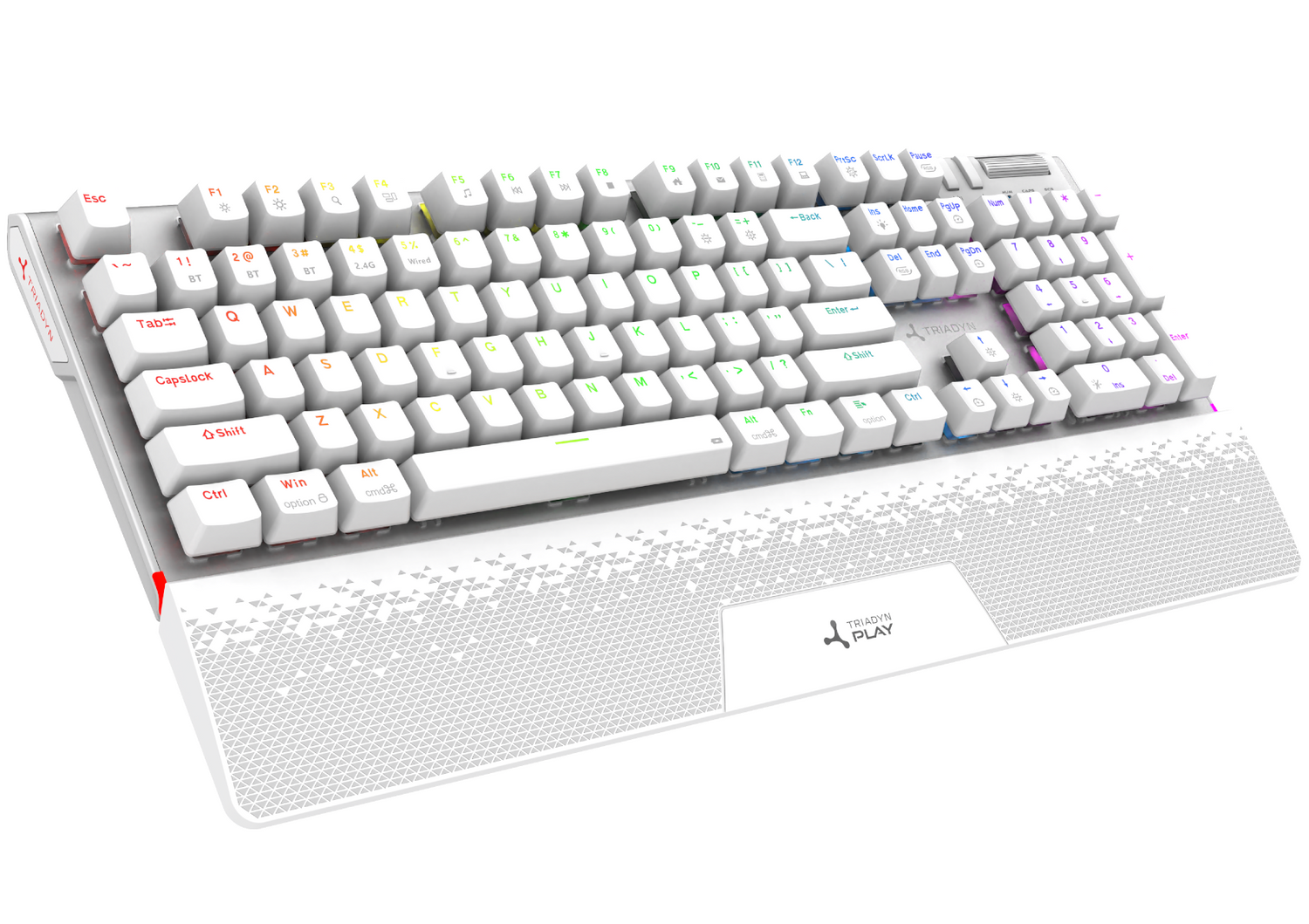 Biała mechaniczna klawiatura do gier ze zintegrowaną podkładką pod nadgarstki i podświetleniem RGB.