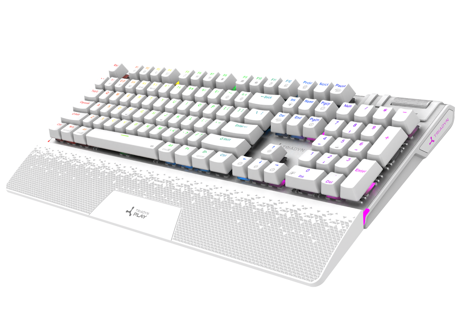 Biała klawiatura mechaniczna z podświetleniem RGB, zintegrowaną podkładką pod nadgarstki i logo.