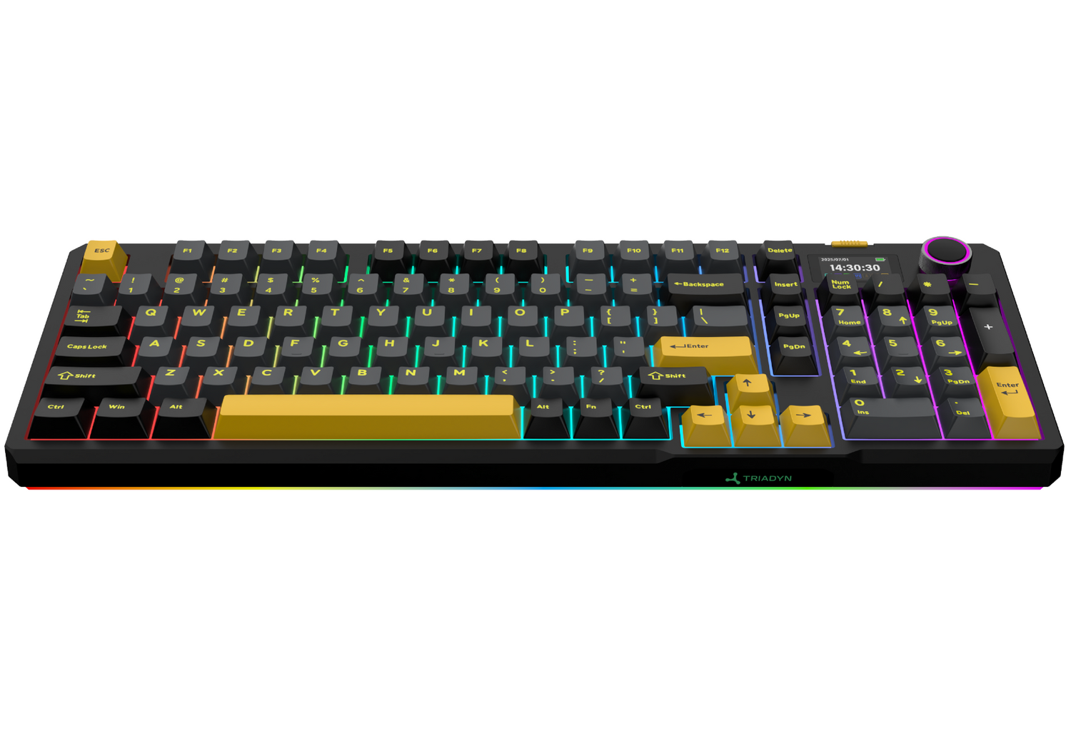 Czarna klawiatura z żółtymi klawiszami, podświetleniem RGB i małym ekranem w prawym górnym rogu.