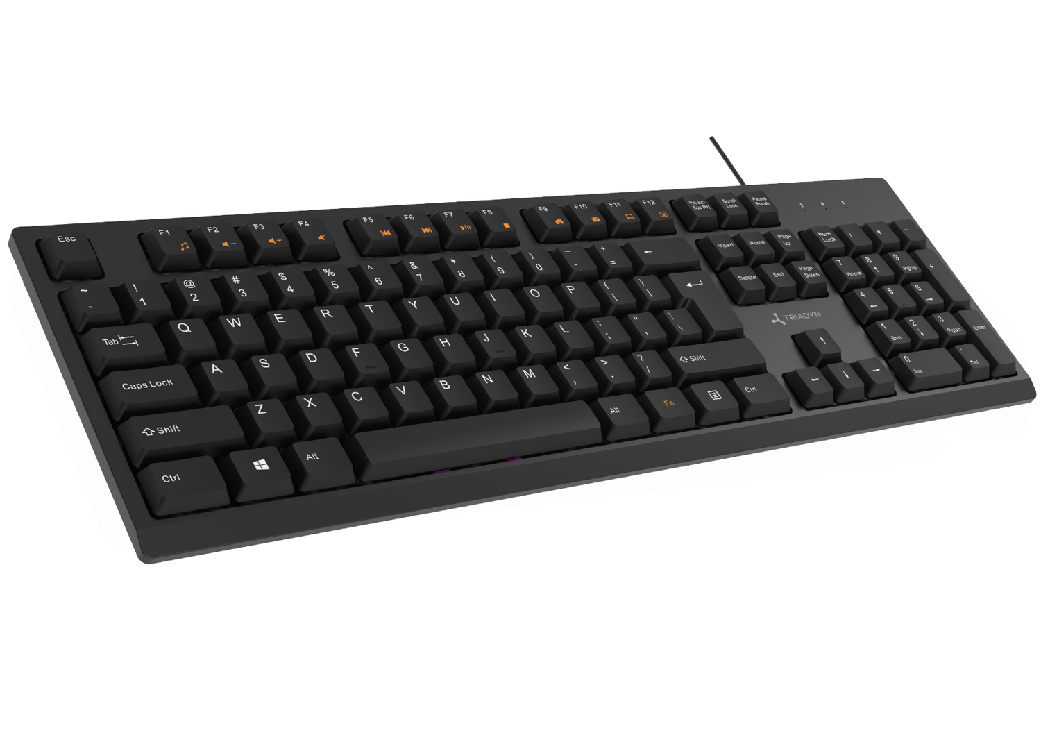 Czarna klawiatura komputerowa z pełnym układem QWERTY i osobną klawiaturą numeryczną, widoczna pod kątem na białym tle.