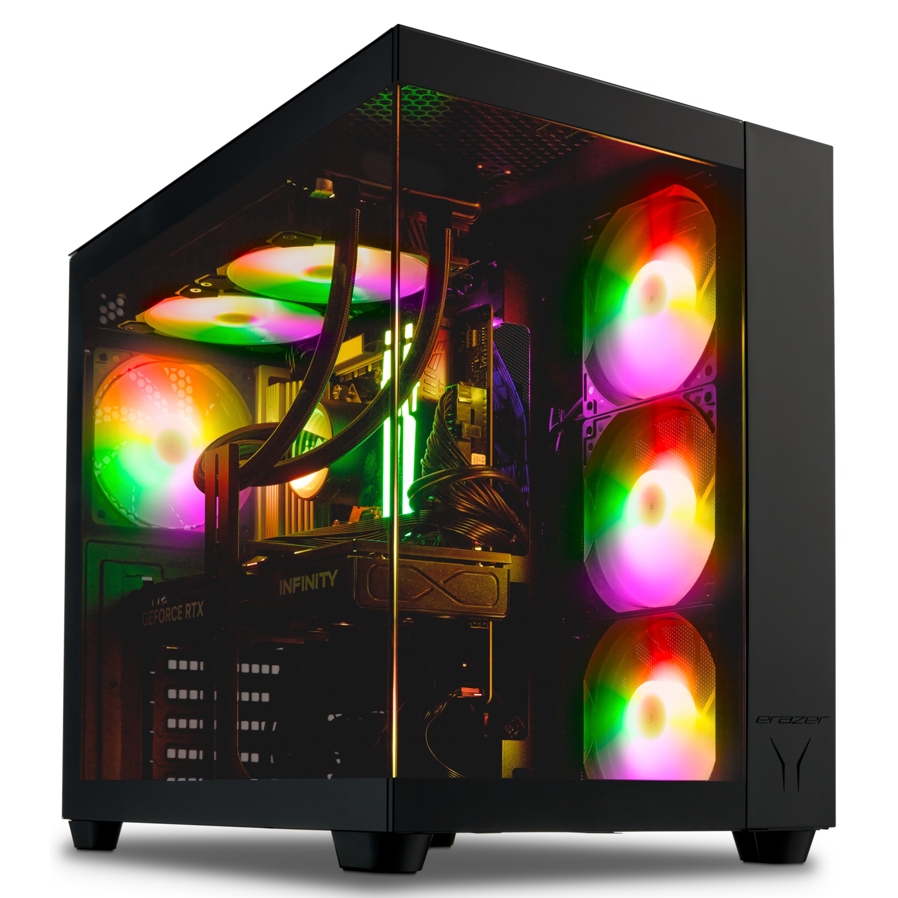 Schwarzer Gaming-PC-Tower mit Glasfront, Komponenten im Inneren und hellen, mehrfarbigen RGB-Lüftern.