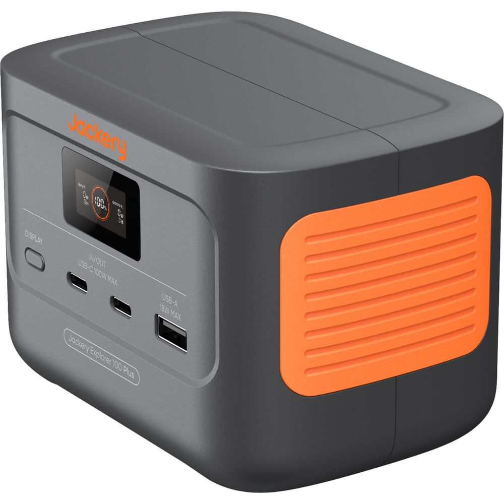 Stazione di energia portatile Jackery Explorer 100 Plus grigia con dettagli arancioni e porte USB.
