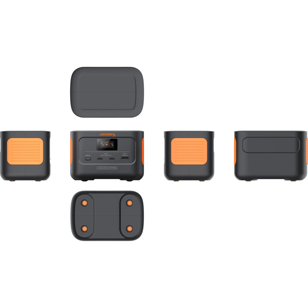 Sei viste di una centrale elettrica portatile grigia con dettagli arancioni, display e porte.