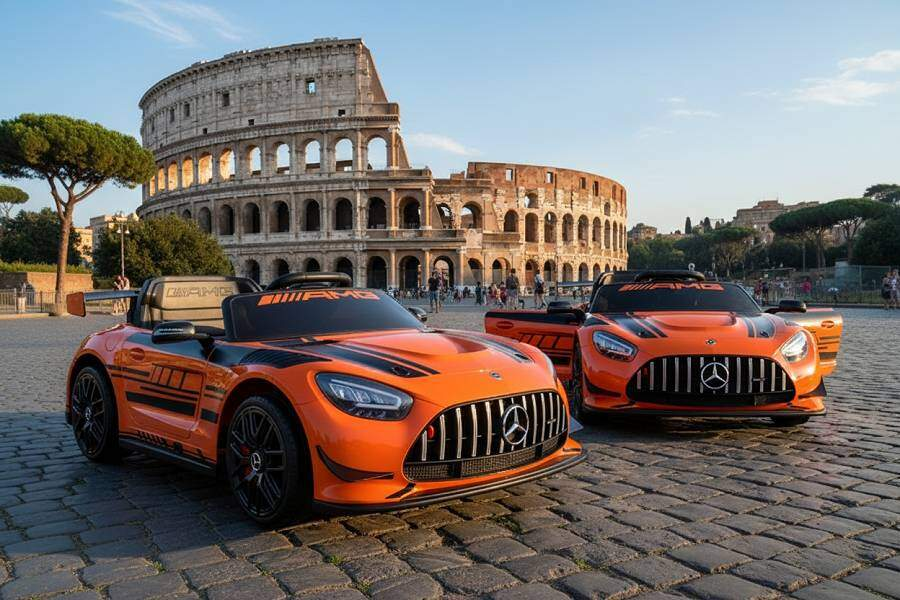 Zwei orangefarbene Spielzeugautos parken vor dem Kolosseum in Rom auf einem Kopfsteinpflaster.
