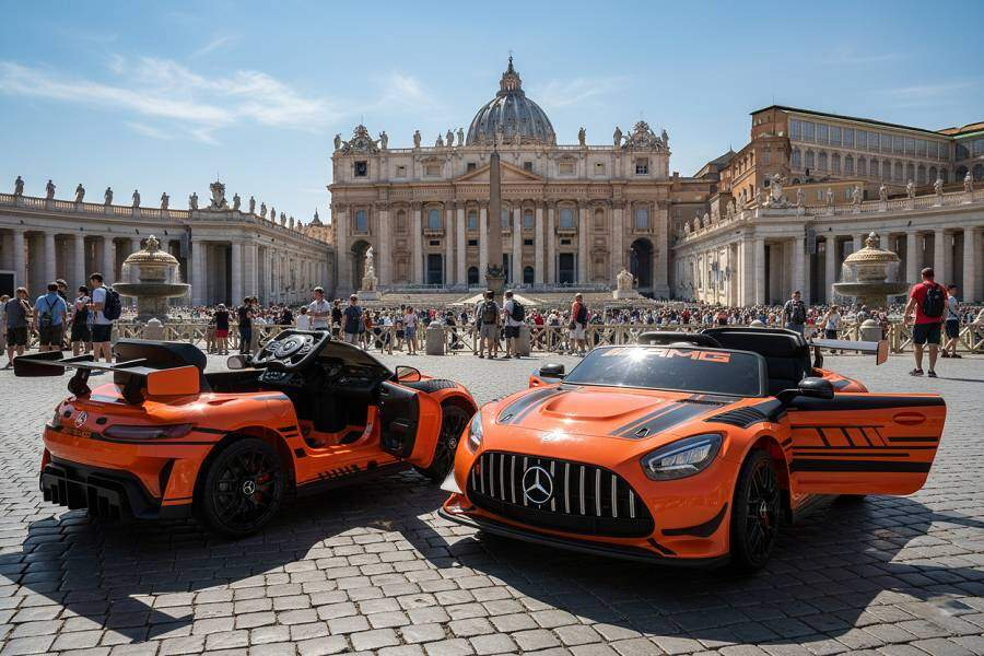 Zwei orangefarbene Spielzeugautos stehen auf dem Kopfsteinpflaster vor dem Petersdom, im Hintergrund viele Menschen.