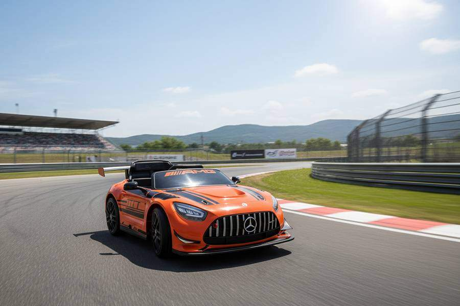 Ein orangenes Mercedes-Spielzeugsportauto fährt auf einer Rennstrecke unter blauem Himmel mit Hügeln im Hintergrund.
