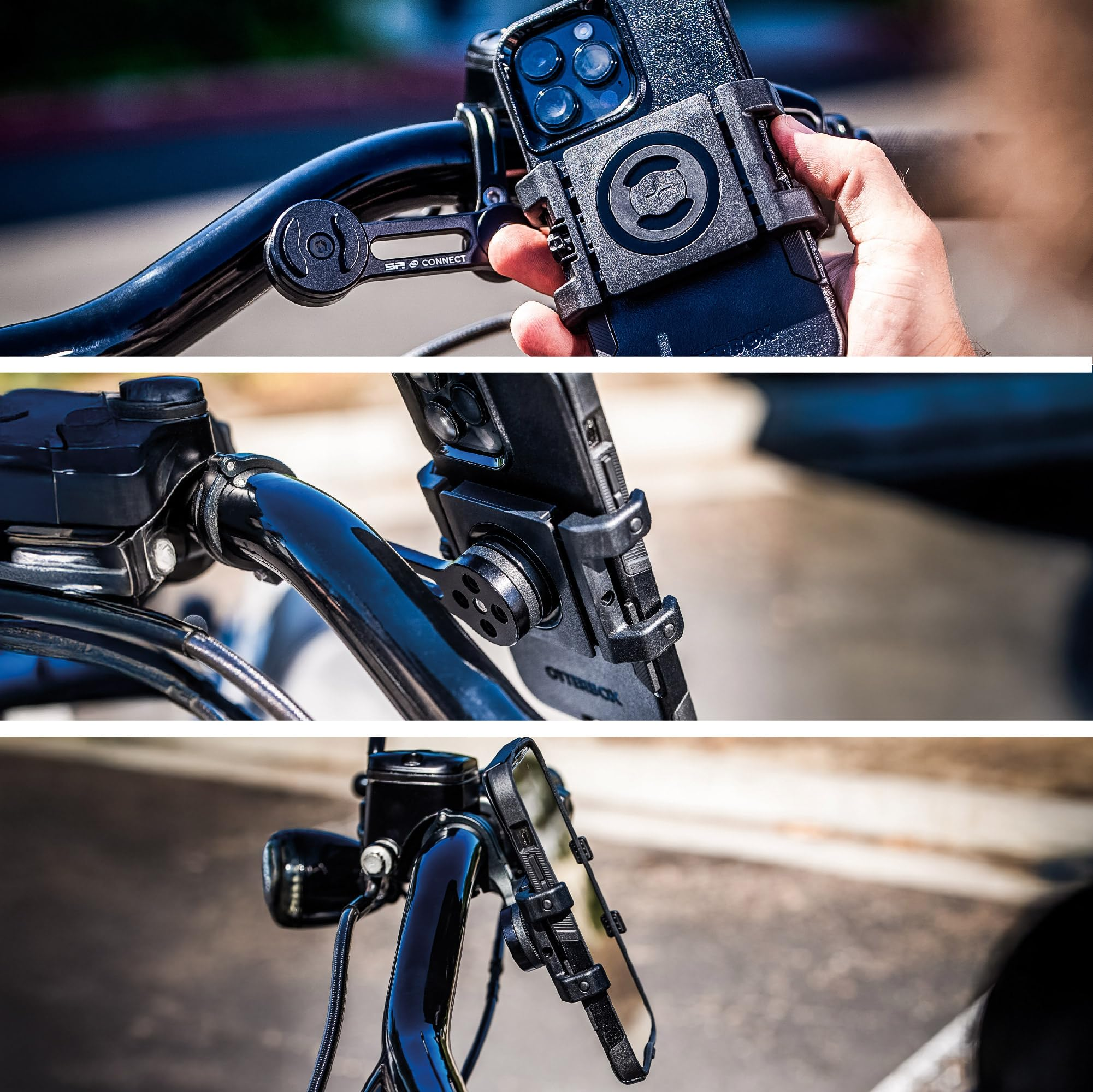Drei Nahaufnahmen zeigen, wie ein schwarzer Smartphone-Halter an einem Fahrradlenker montiert wird.