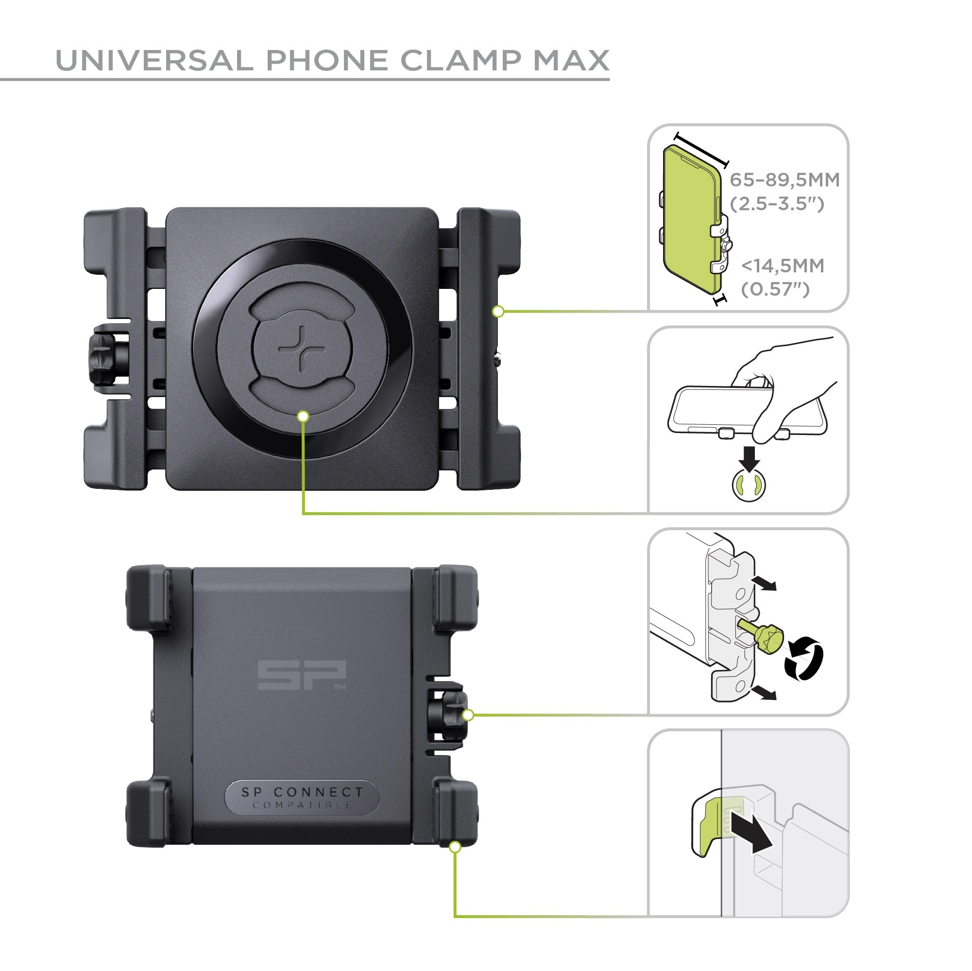 Universal Phone Clamp Max mit Anleitungsdiagrammen für Maße, Montage und Bedienung.
