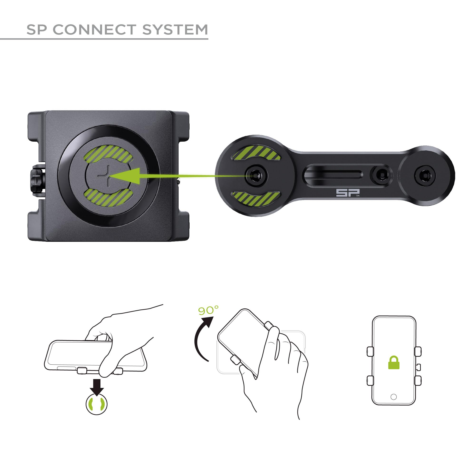 SP Connect System: Montage- und Verriegelungsanleitung für Smartphone-Halterungen.