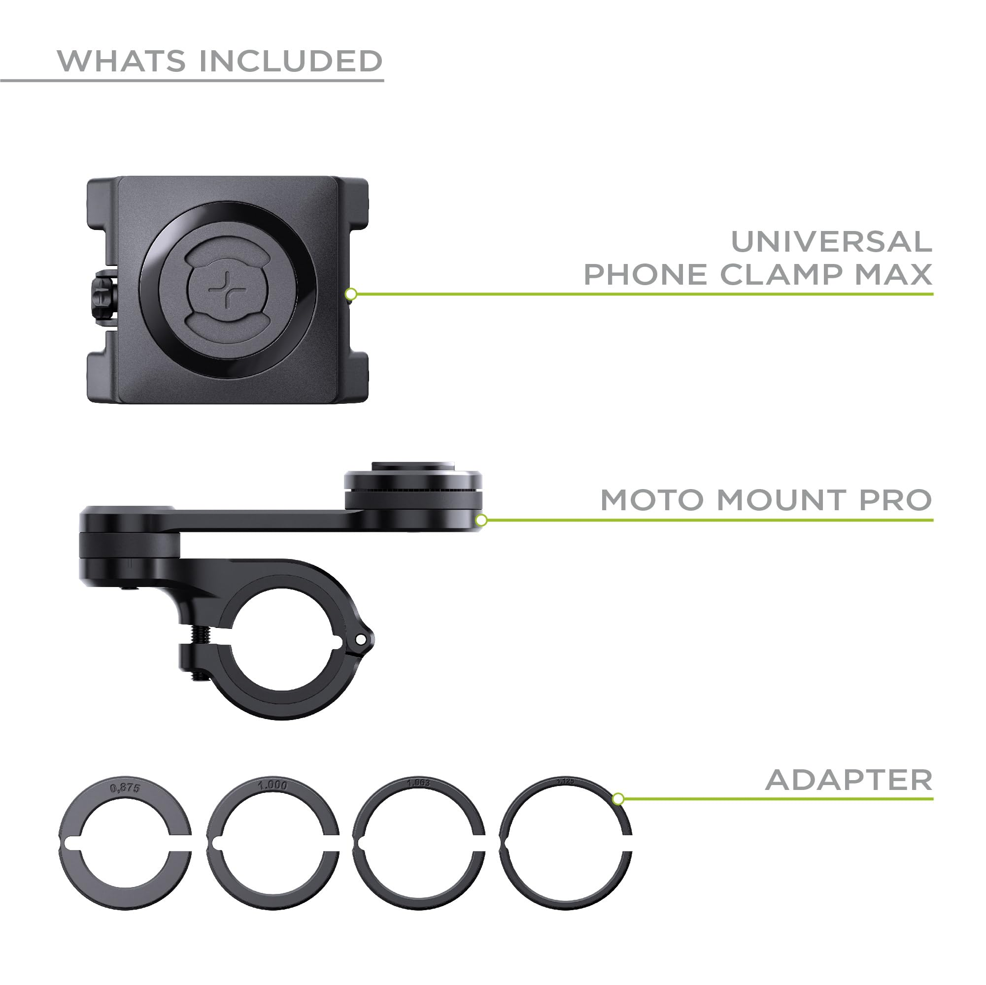 Paketinhalt mit Universal Phone Clamp Max, Moto Mount Pro und vier verschiedenen Adaptern.