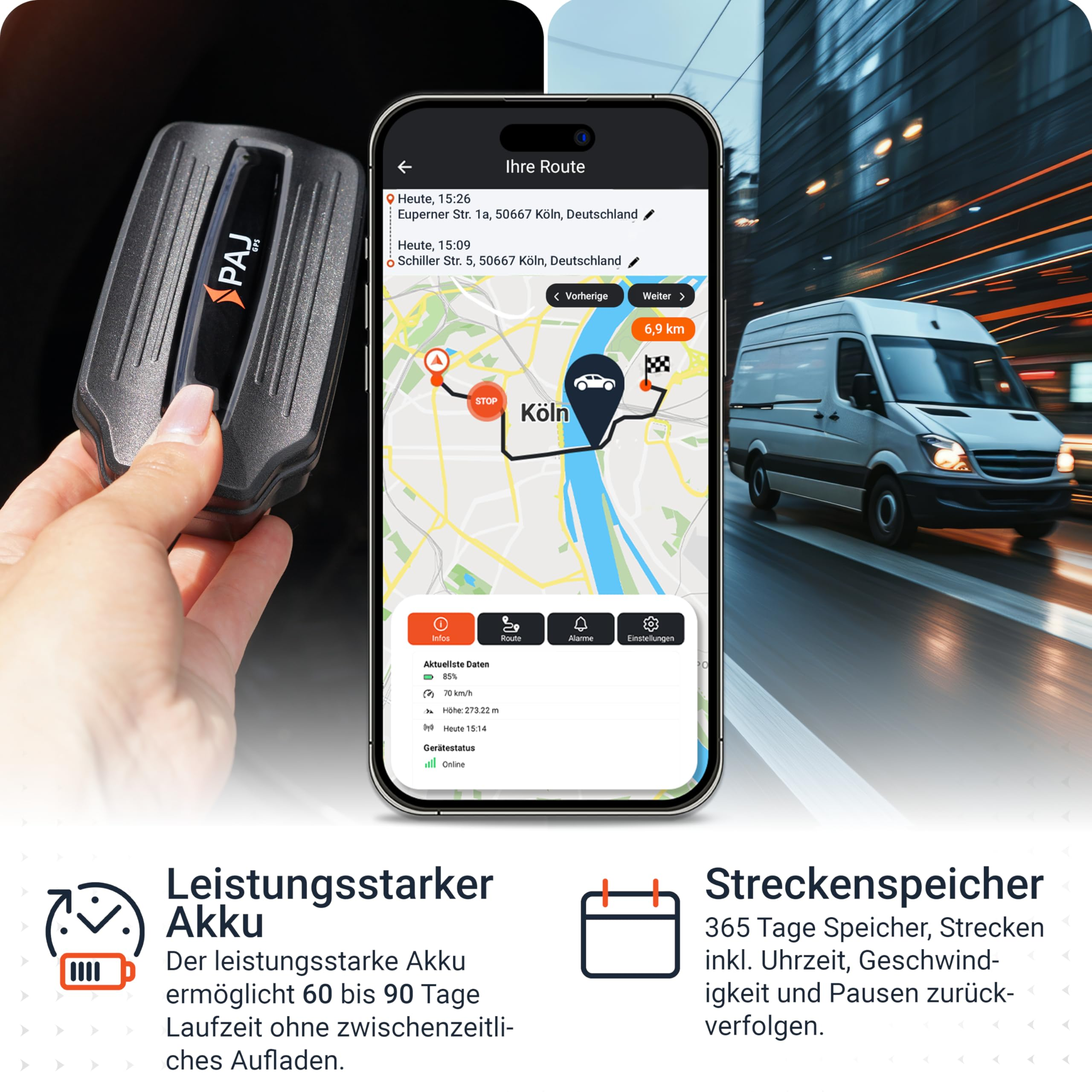 Main tenant un traceur GPS PAJ à côté d'un smartphone avec application d'itinéraire et camionnette en mouvement.