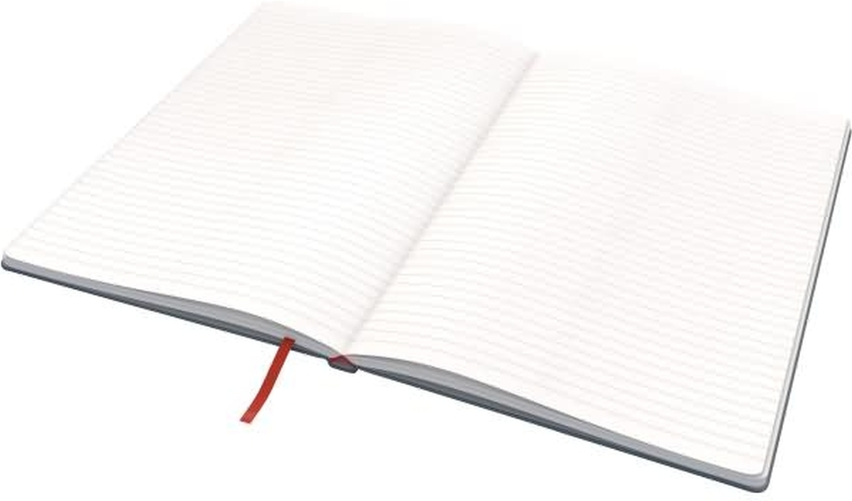 Ein offenes Notizbuch mit linierten weißen Seiten und rotem Leseband vor weißem Hintergrund.