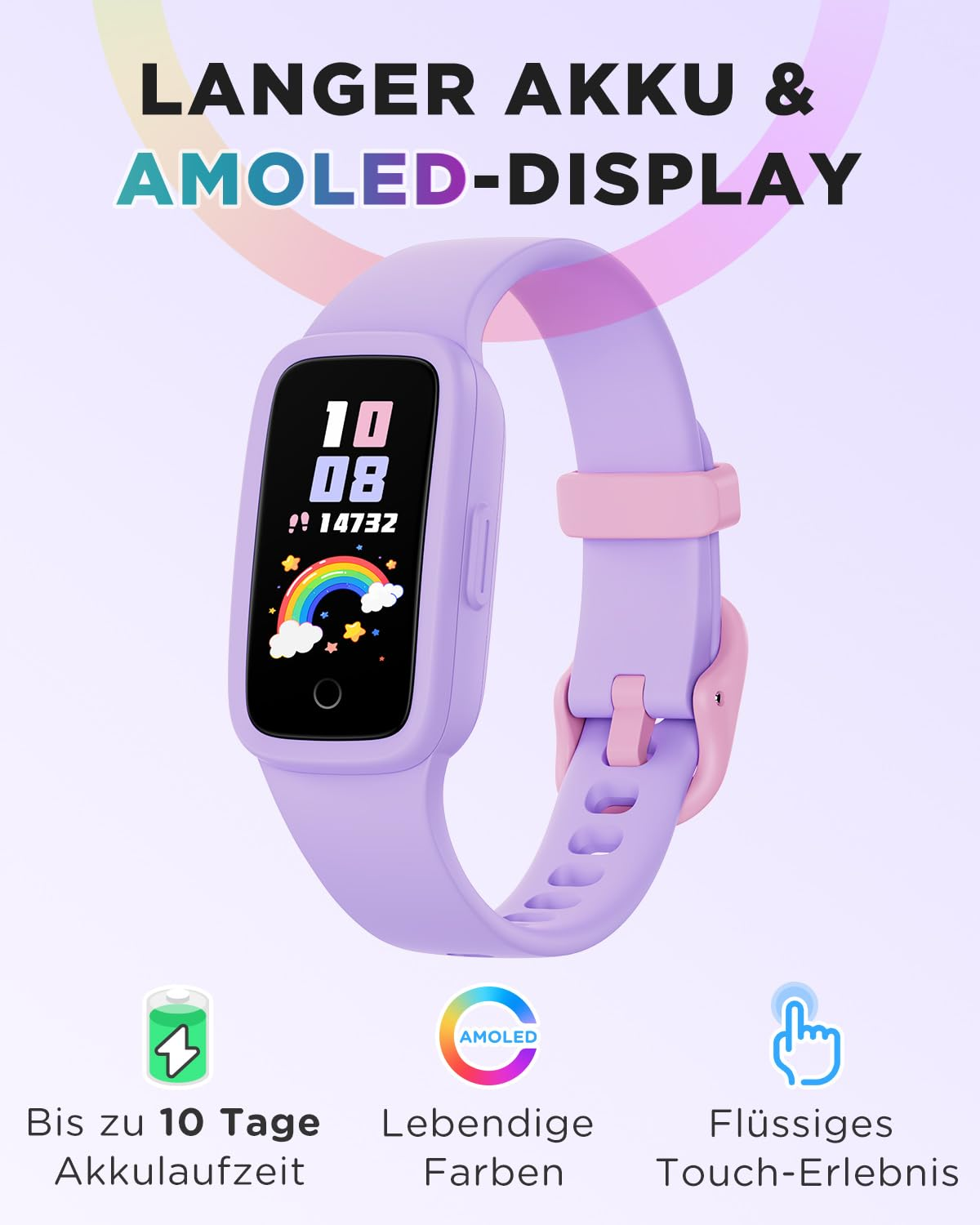 Smartwatch viola per bambini con display colorato e testo su batteria e display.