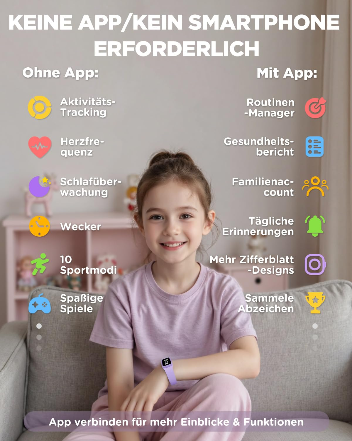Bambina sorridente con fitness tracker sul divano mostra le funzioni.