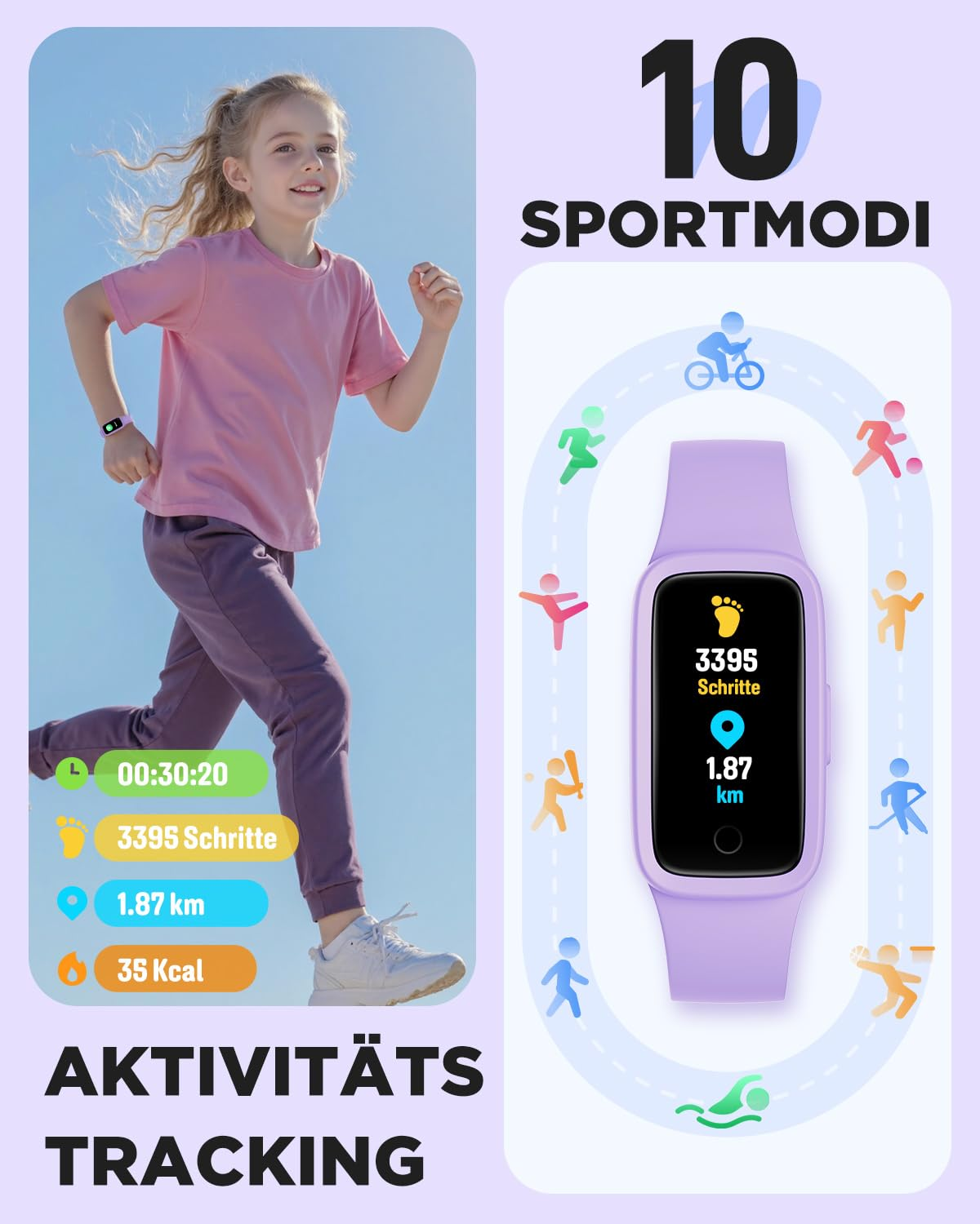 Una giovane ragazza corre all'aperto accanto a un orologio fitness viola con dieci modalità sportive e tracciamento.