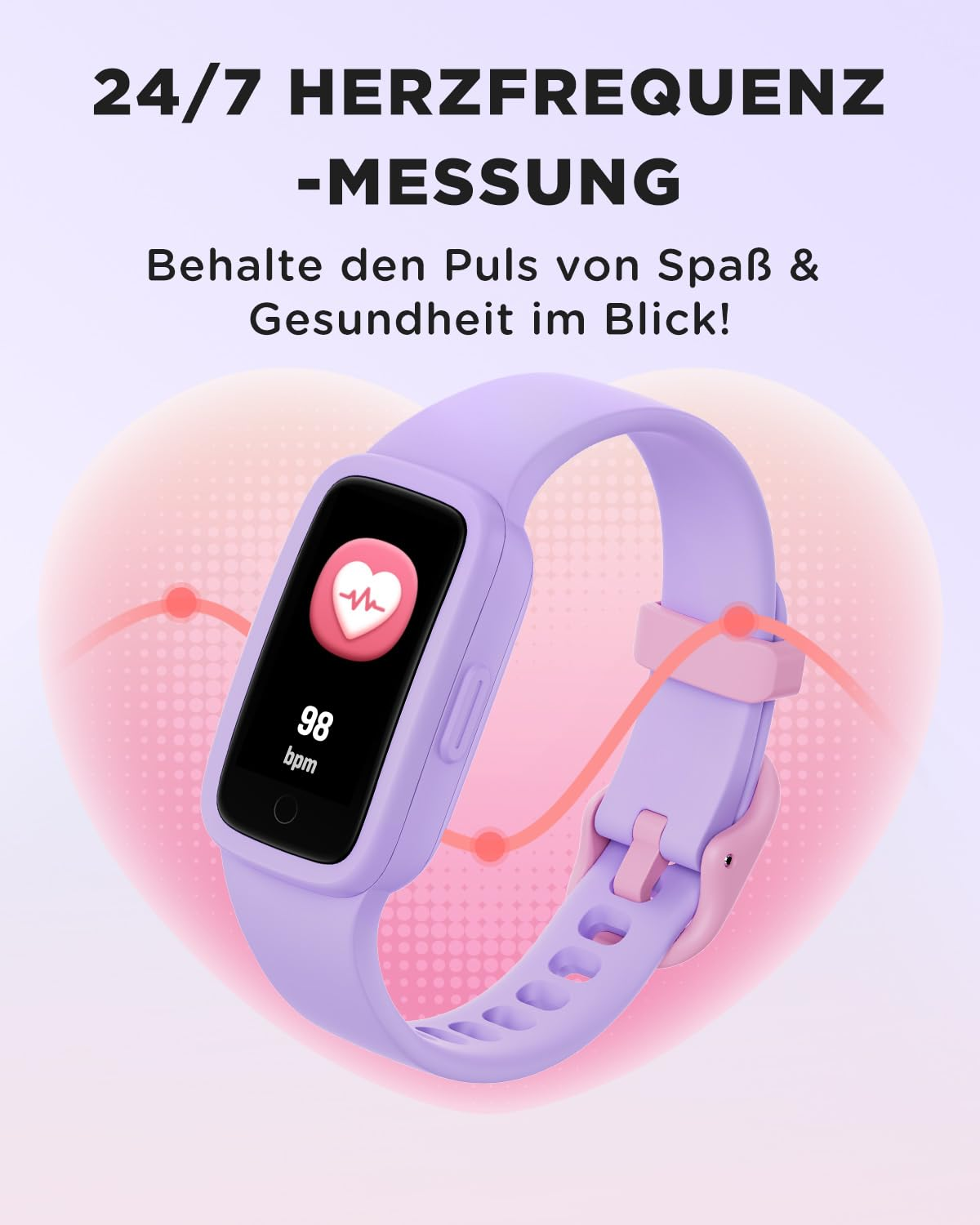 Fitness tracker viola che mostra la frequenza cardiaca su sfondo rosa.