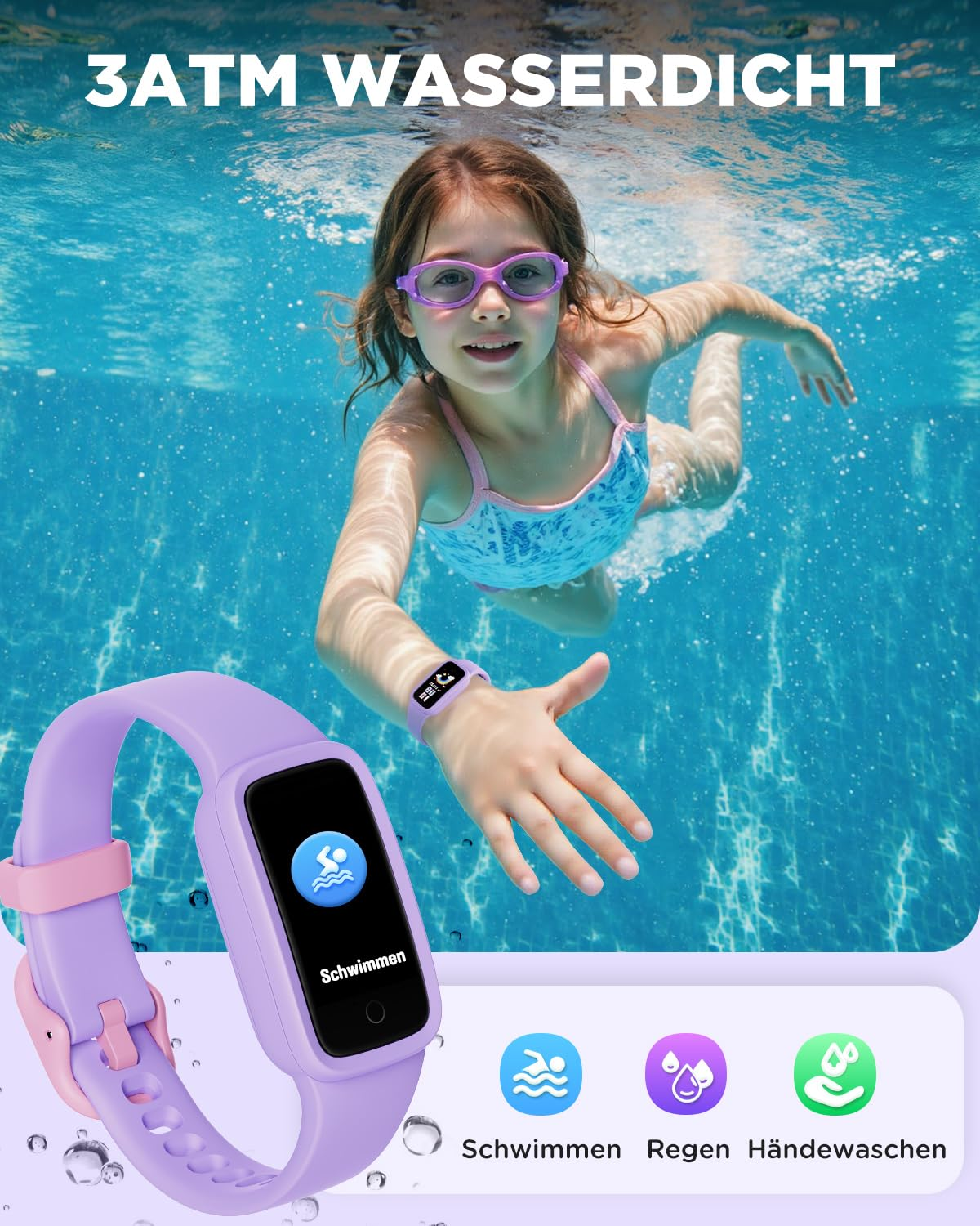 Una bambina con gli occhialini nuota nell'acqua; in primo piano c'è uno smartwatch viola.