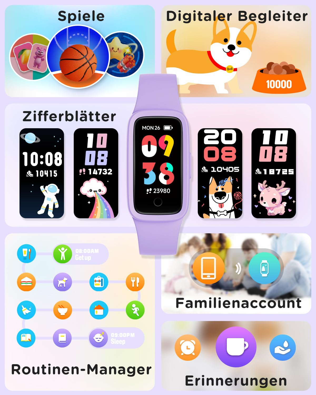 Smartwatch viola per bambini circondato da app, quadranti e funzioni come giochi e routine.
