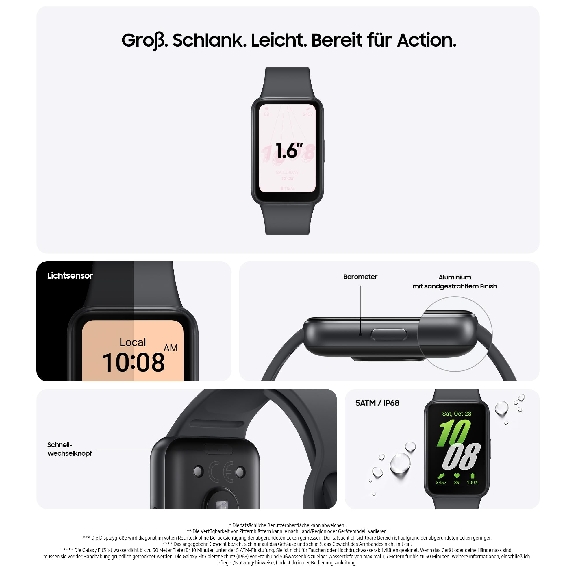 Presentazione di uno smartwatch nero con display da 1,6 pollici, sensori, corpo in alluminio e design impermeabile.