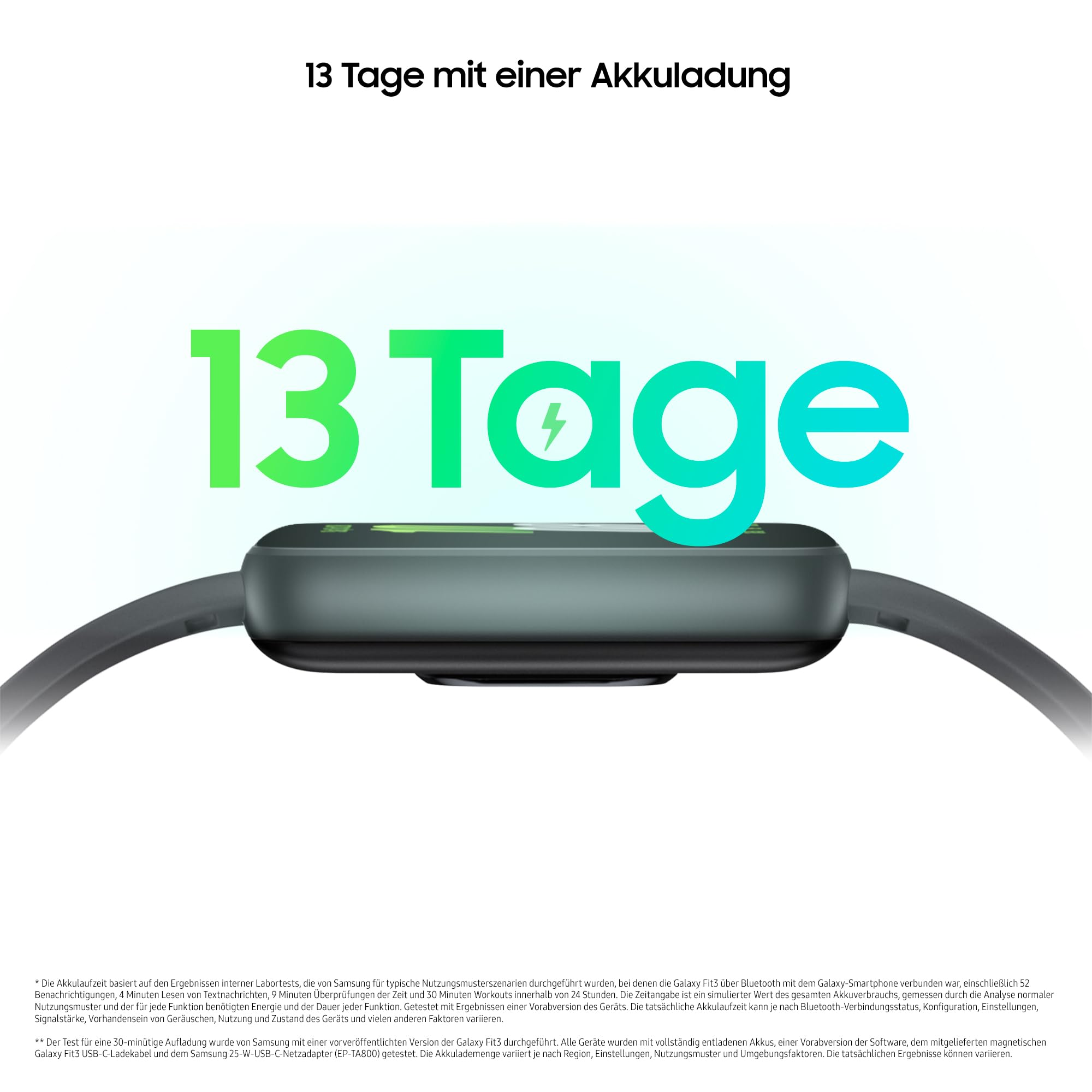 Uno smartwatch nero con testo verde "13 Tage" e una piccola icona di batteria.