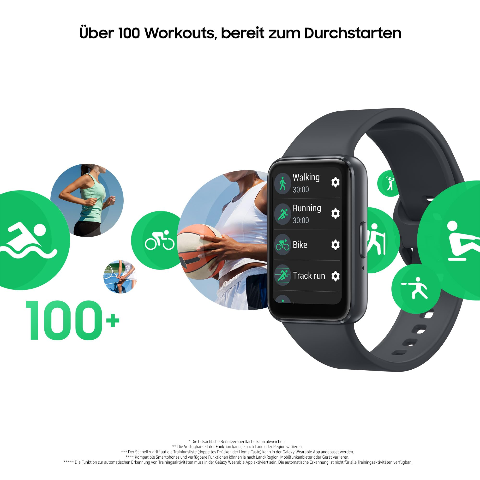 Uno smartwatch nero mostra le modalità di allenamento con icone circolari per corsa, bicicletta e nuoto.