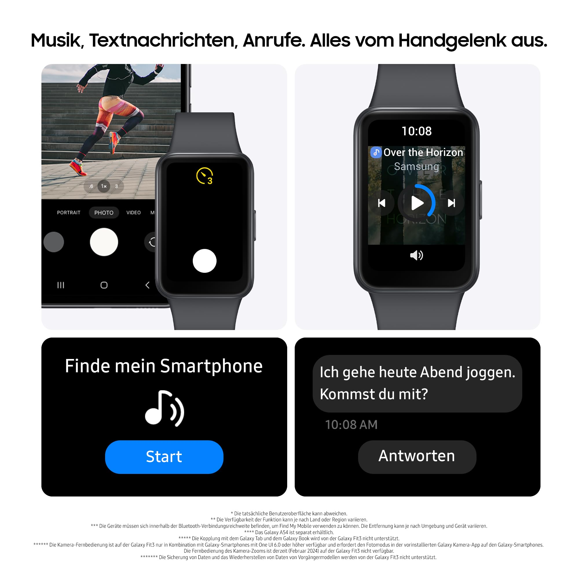 Smartwatch Samsung Galaxy Fit3 con riproduzione musicale, fotocamera, trova telefono e messaggi di testo.