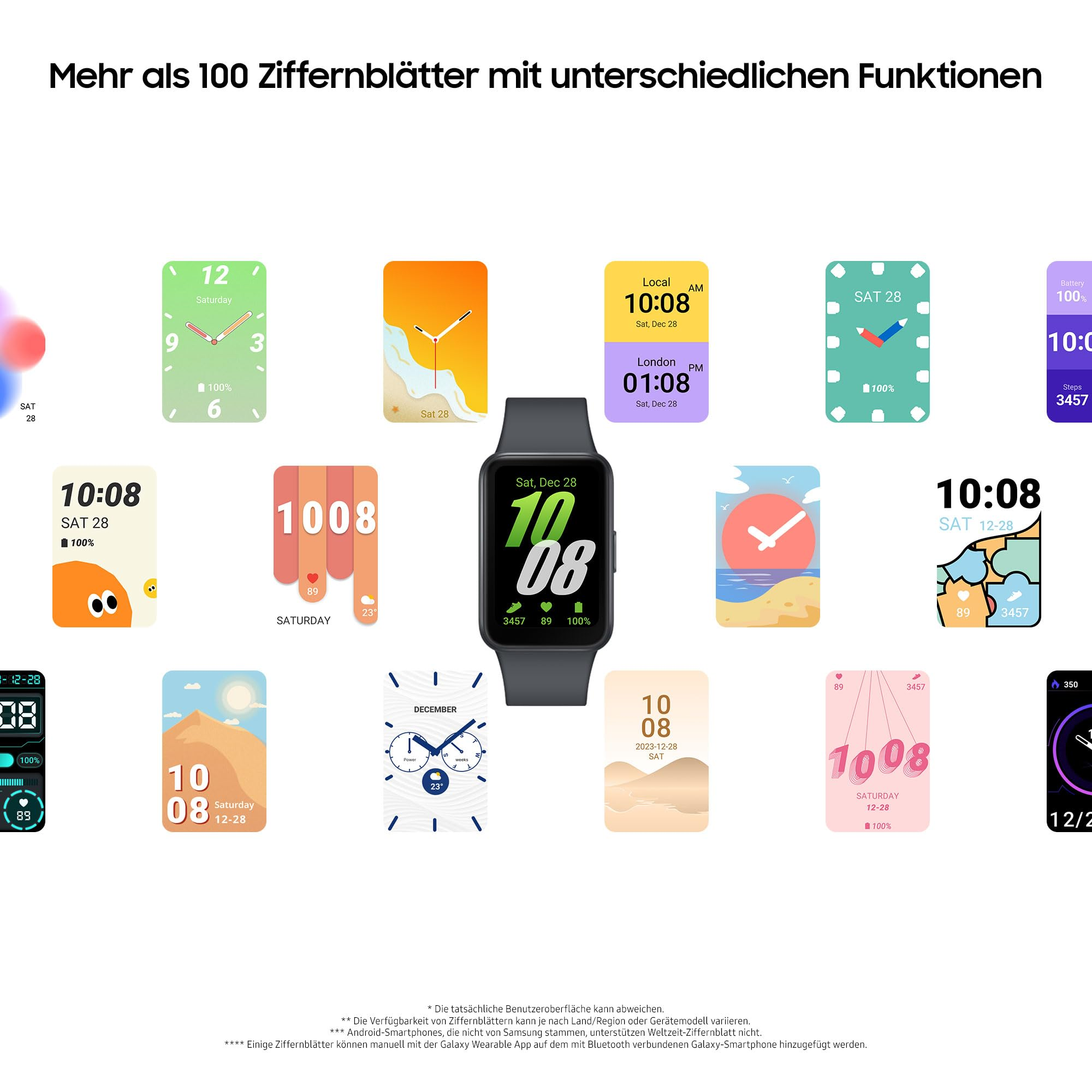 Uno smartwatch nero circondato da molti quadranti colorati sullo sfondo.