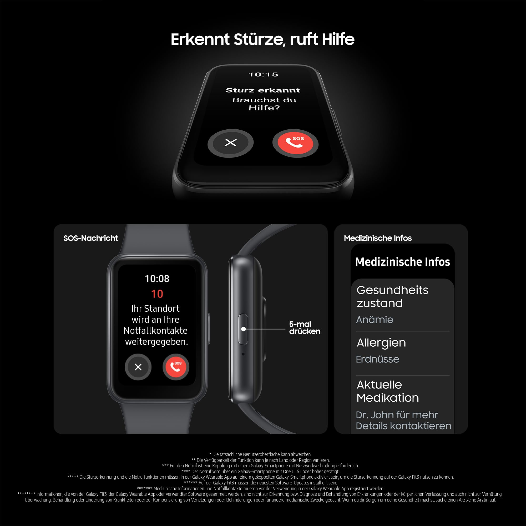 Lo smartwatch mostra il rilevamento cadute, il messaggio SOS e le info mediche.