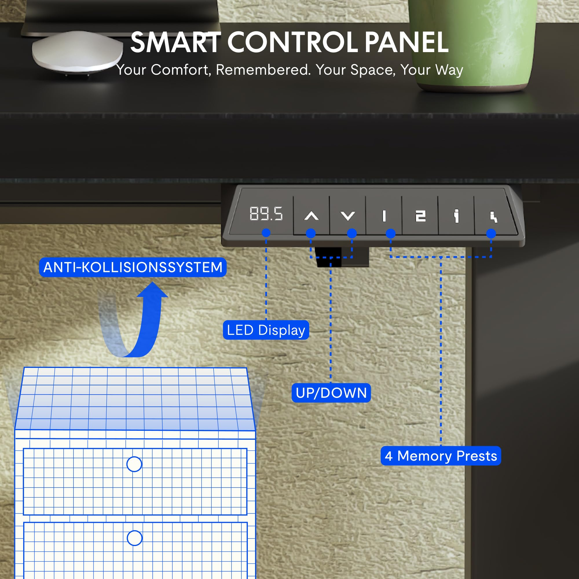 Smartes Bedienfeld unter einem Schreibtisch mit LED-Display, Pfeiltasten und Speichertasten.