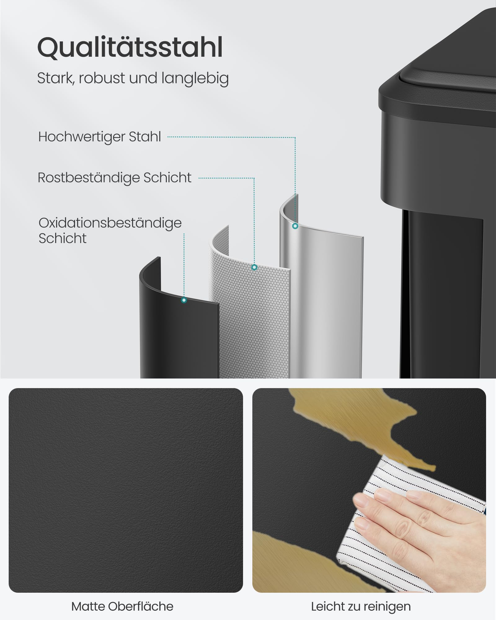 Diagramm zeigt den mehrschichtigen Edelstahlaufbau eines Mülleimers, inklusive Matte- und Wischtest-Bildern.
